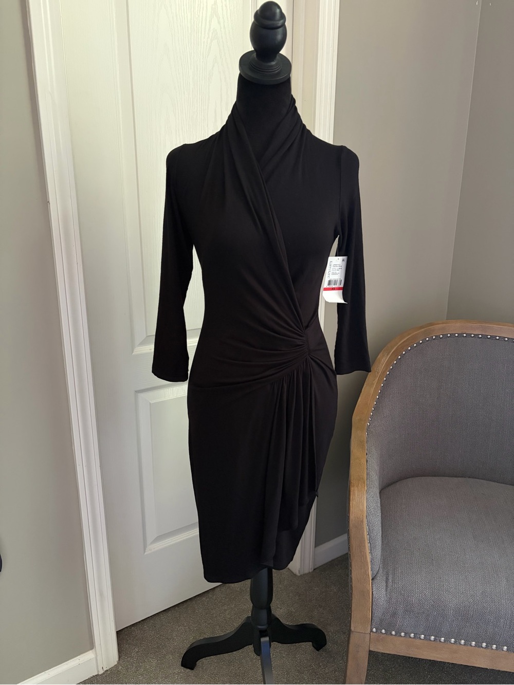 Karen Kane Black Faux-Wrap Long Sleeve Sheath Dress